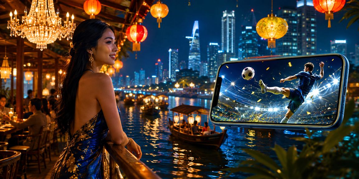 Người chơi đăng nhập trên thiết bị di động tại khu chợ đêm Mekong